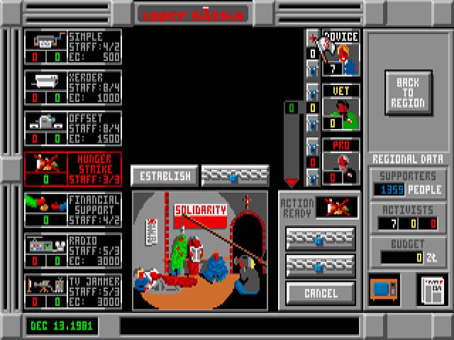 Aún con todo el colorido, los gráficos de Solidarnosc pueden ser dolorosos, como esta representación de una huelga de hambre. Detalles como la cruz sobre la puerta y el camarógrafo demuestran el nivel de trabajo de PZ Karen.