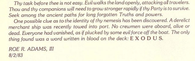 El final del manual de Ultima III, en el inglés antiguo que ama la SCA.