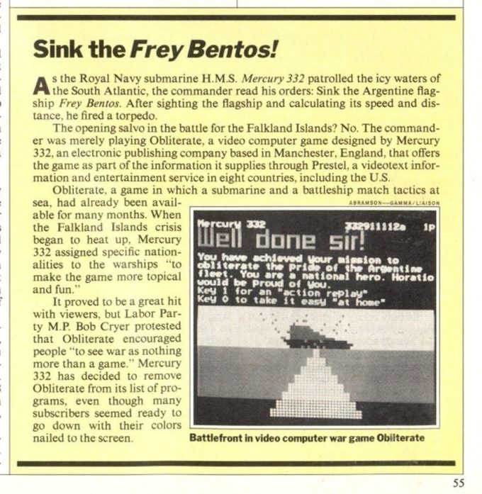 El recuadro incluye una captura de pantalla de Obliterate!, corriendo en una terminal Prestel en las primeras semanas de abril de 1982.