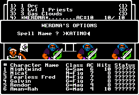 Abajo, un grupo de “do-gooders” en uno de los primeros niveles. Arriba, el grupo del jugador (1 orco, 3 sacerdotes, 3 nubes de gas y WERDNA)
