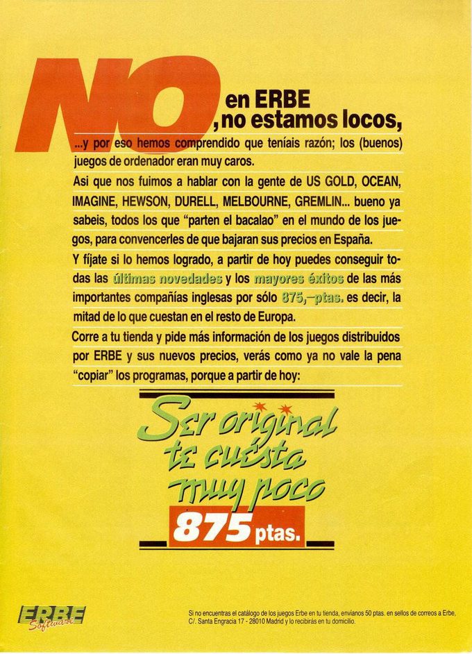 Publicidad de Erbe de marzo de 1987 (Microhobby 117), que venía seguida de cuatro páginas detallando todos los juegos que pasarían a valer 875 pesetas.