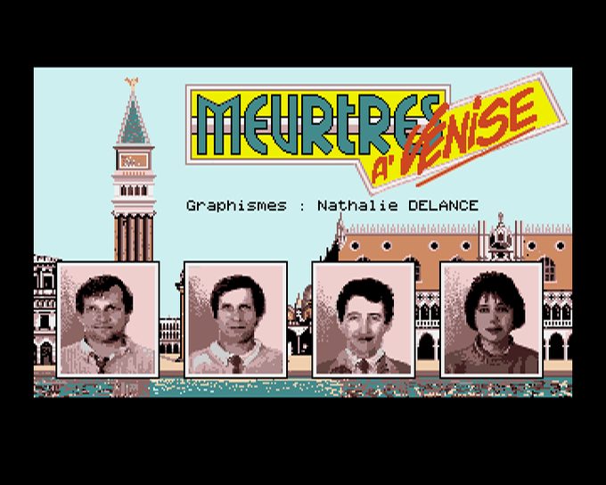 Pantalla de carga de Meurtres a Vénise (1988) con el equipo completo. Brocard, Jacky Adolphe (dialoguista), Gilles Bertin (programador) y Nathalie Delance (artista)