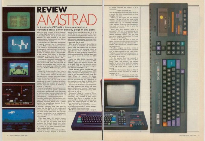 La revista Your Computer de junio de 1984 da una crítica positiva de la Amstrad CPC 464, concentrándose en las conversiones superiores de juegos como Harrier Attack!