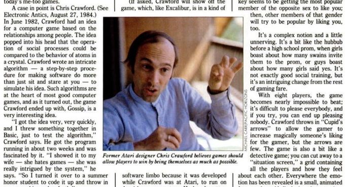 El brillante Chris Crawford, fundador de la GDC, en uno de los dos perfiles que publicó la revista Infoworld y que indirectamente salvaron su carrera.