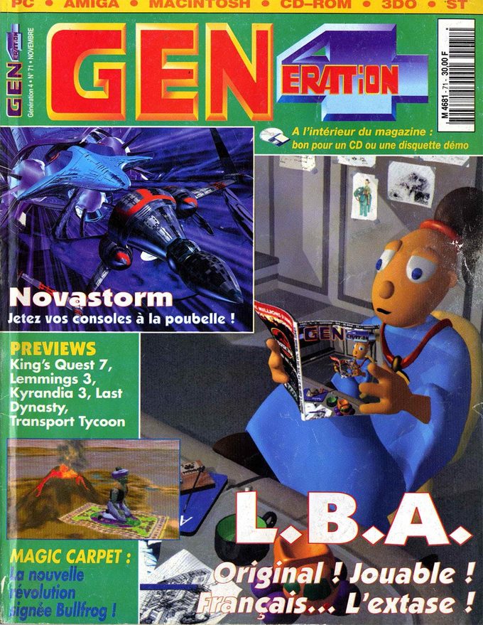 Twinsen, protagonista de Little Big Adventure, lee la Generation 4 en la portada de un número que contiene una crítica (claro) altamente positiva.