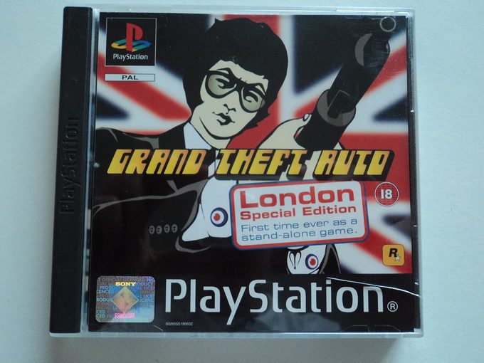 El logo de Rockstar en la edición especial de GTA 1 con las misiones adicionales, uno de los primeros productos de la empresa diseñados por Jeremy Blake.