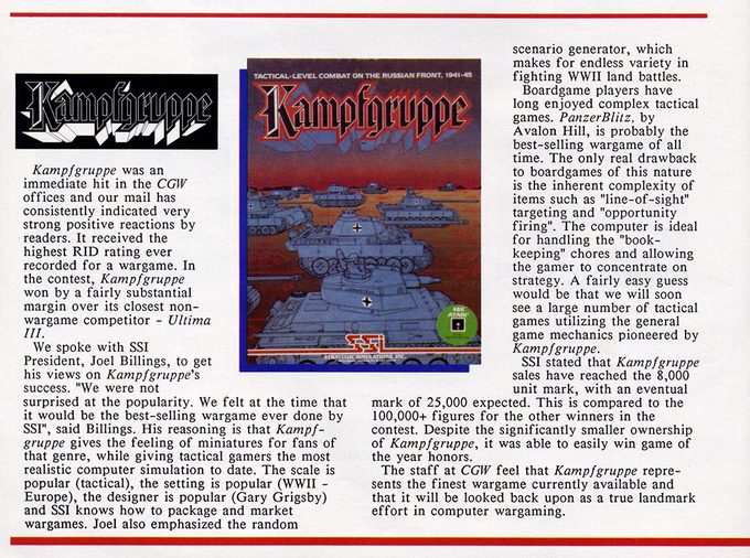 El texto que celebra al ganador de juego del año resalta que sólo vendió 8.000 unidades, contra las 100.000 de juegos como Ultima III. En 1985, los wargames con los que CGW había nacido ya no eran negocio… pero la mayoría de los anunciantes pertenecían a este género.