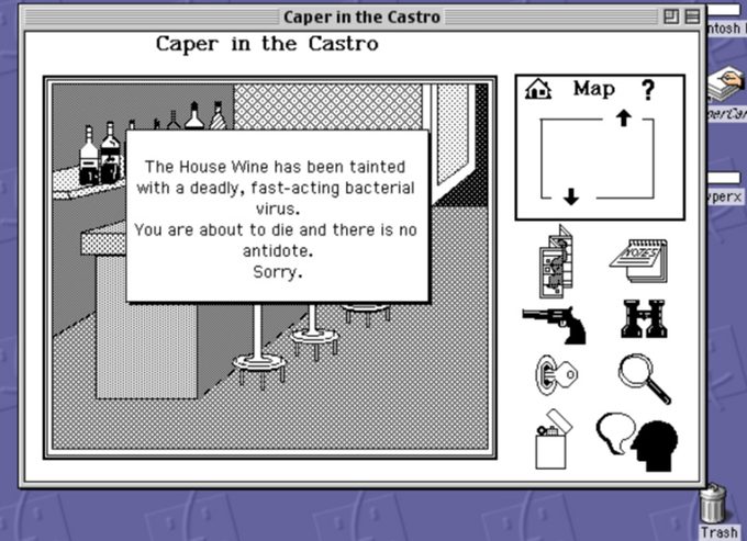 Hypercard no estaba diseñado para programar juegos, pero varios desarrolladores crearon experiencias interactivas en esa plataforma, como Caper in the Castro , considerado el primer juego GLBT.