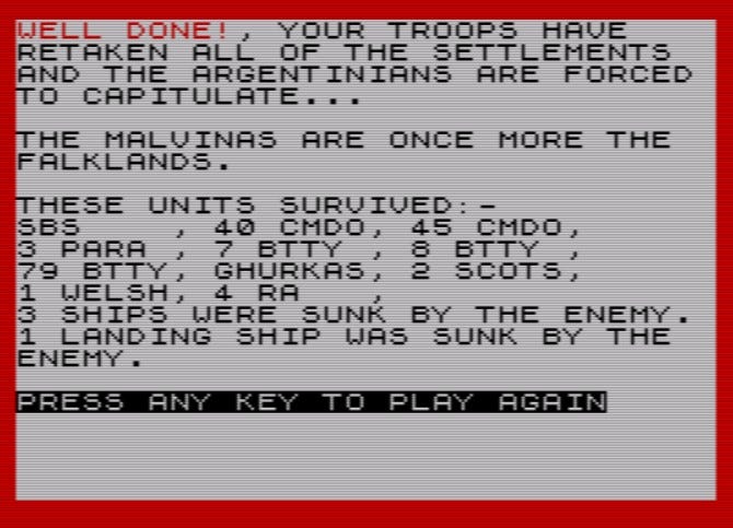 Pantalla final de Falklands ‘82: “Las Malvinas vuelven a ser las Falklands”