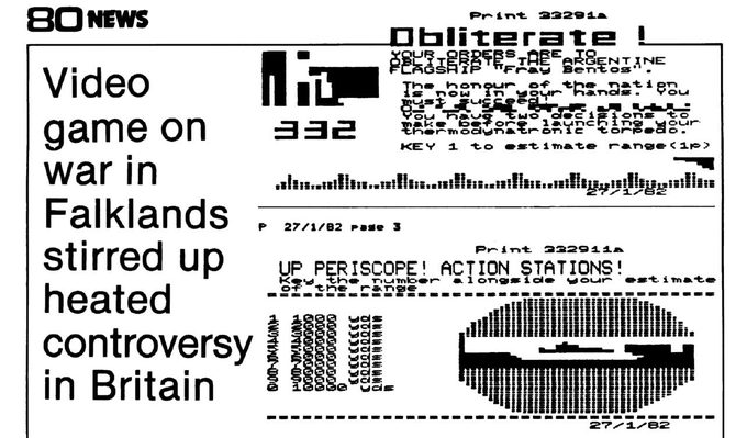 Impresiones de las pantallas de Obliterate en Prestel, que muestran más detalles del gameplay. De la revista 80 Micro de agosto de 1982.