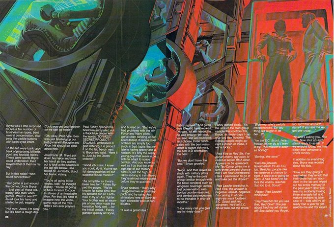 En ese mismo número de Joystik, el futuro ganador del Hugo y el Nebula David Brin cuenta una historia de ciencia ficción con ilustraciones del diseñador industrial Syd Mead (Blade Runner, Tron, Aliens).
