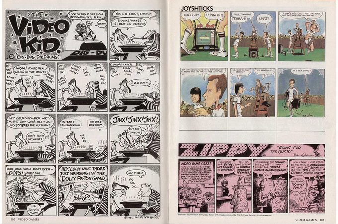 Las páginas de cómics de Video Games tenían grandes nombres como Peter Bagge (Hate), el caricaturista y músico de Jazz Gene “Gwiz” Williams y reimpresiones del Zippy de Bill Griffith
