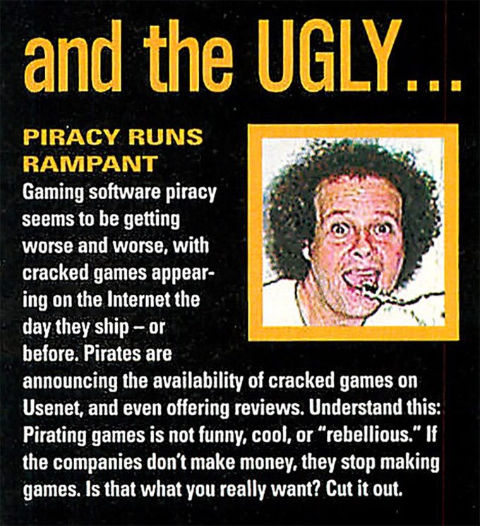 Computer Gaming World se preciaba de tratar a sus lectores como adultos, pero en el momento de hablar de la piratería empezaba la infantilización (del número 184, de noviembre 1999)
