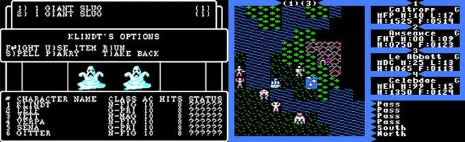 Wizardry (izq) fue la primera serie en distribuir su información en ventanas (algo que Dragon Quest tomaría directamente). Ultima (der) estaba más interesado en enormes mundos a explorar.
